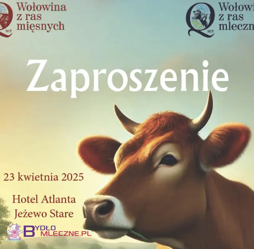 Zaproszenie na wydarzenie poświęcone wołowinie z ras mięsnych i mlecznych, które odbędzie się 23 kwietnia 2025 roku w Hotelu Atlanta w Jeżewie Starym, z ilustracją krowy na tle wiejskiego krajobrazu.