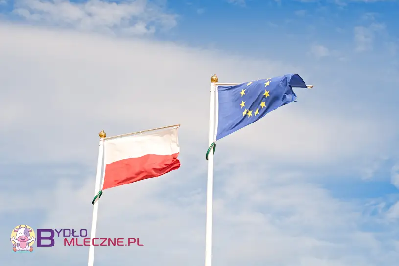 Flagi Polski i Unii Europejskiej na masztach, powiewające na wietrze na tle błękitnego, lekko zachmurzonego nieba.