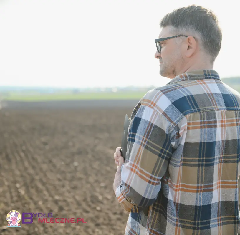 Rolnik w koszuli w kratę patrzący na zaorane pole w słoneczny dzień, przygotowujący się do sezonu upraw.