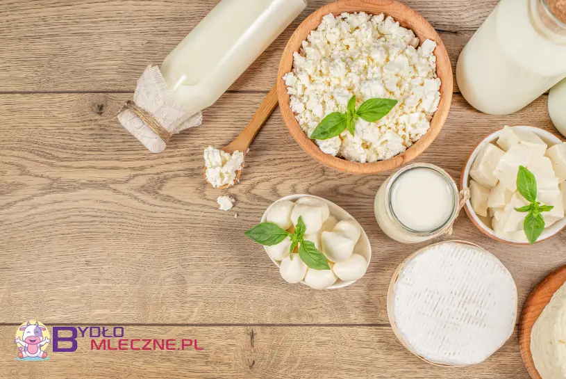 Różnorodne produkty mleczarskie, w tym butelki z mlekiem, twaróg, serki, jogurt i sery, ułożone na drewnianym blacie. Kompozycja ozdobiona świeżymi liśćmi bazylii, prezentuje tradycyjne wyroby mleczne.