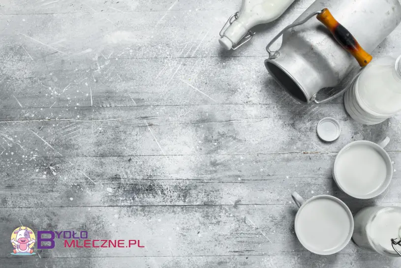 Białe kubki z mlekiem, metalowy pojemnik na mleko oraz butelki, na tle szarego, teksturowanego drewnianego stołu.