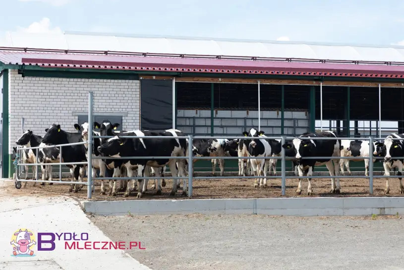Grupa czarno-białych krów mlecznych stojących w ogrodzonym wybiegu na terenie nowoczesnej fermy mlecznej. W tle widoczna stodoła z czerwonym dachem i częściowo otwartymi ścianami wentylacyjnymi.