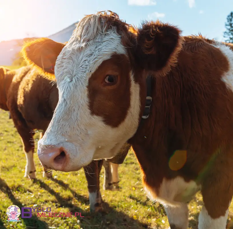 Zbliżenie na krowę rasy simental na tle słonecznej łąki. Zwierzę ma biało-brązowe umaszczenie i nosi obrożę. W tle widać inne krowy pasące się na trawie oraz drzewa i góry. Naturalne światło podkreśla detale sierści i otoczenia.