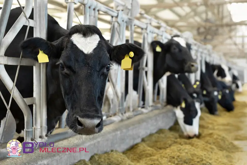 Bydło mleczne spożywające pasze ze stołu paszowego w nowoczesnej oborze.