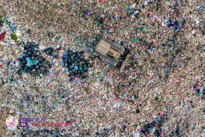 Widok z lotu ptaka na wysypisko śmieci, ukazujący sterty odpadów i koparkę przemieszczającą śmieci.